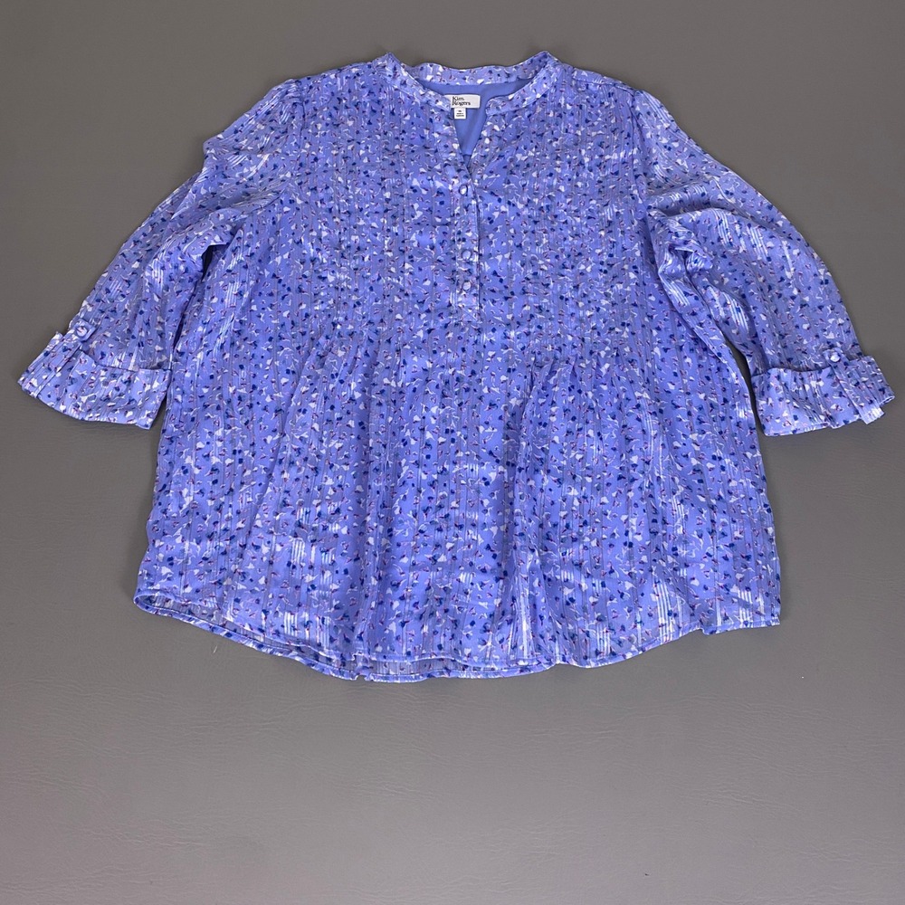 Kim Rogers Blouse Tunic XL Purple Floral Peplum Metallic Lurex Stripe 3/4 Sleeve